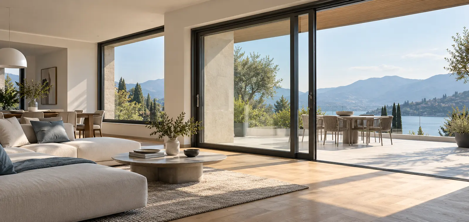 Living moderno con grandi serramenti panoramici Auxer Group